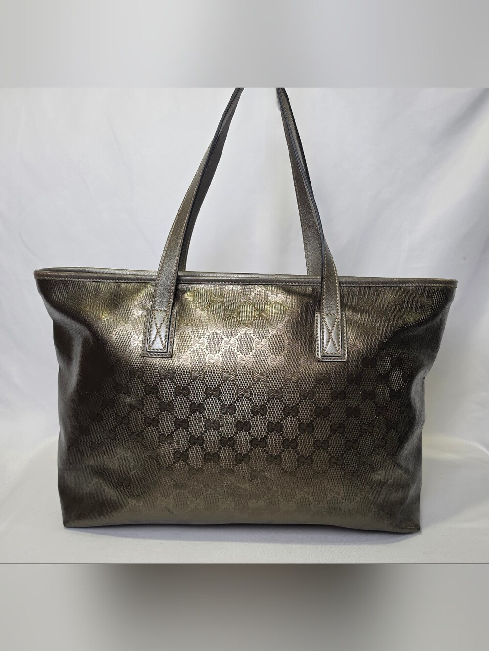 Authentic Gucci GG Imprimé coated fabric Leather Metallic Khaki Tote Bag Purse - Picture 3 of 14